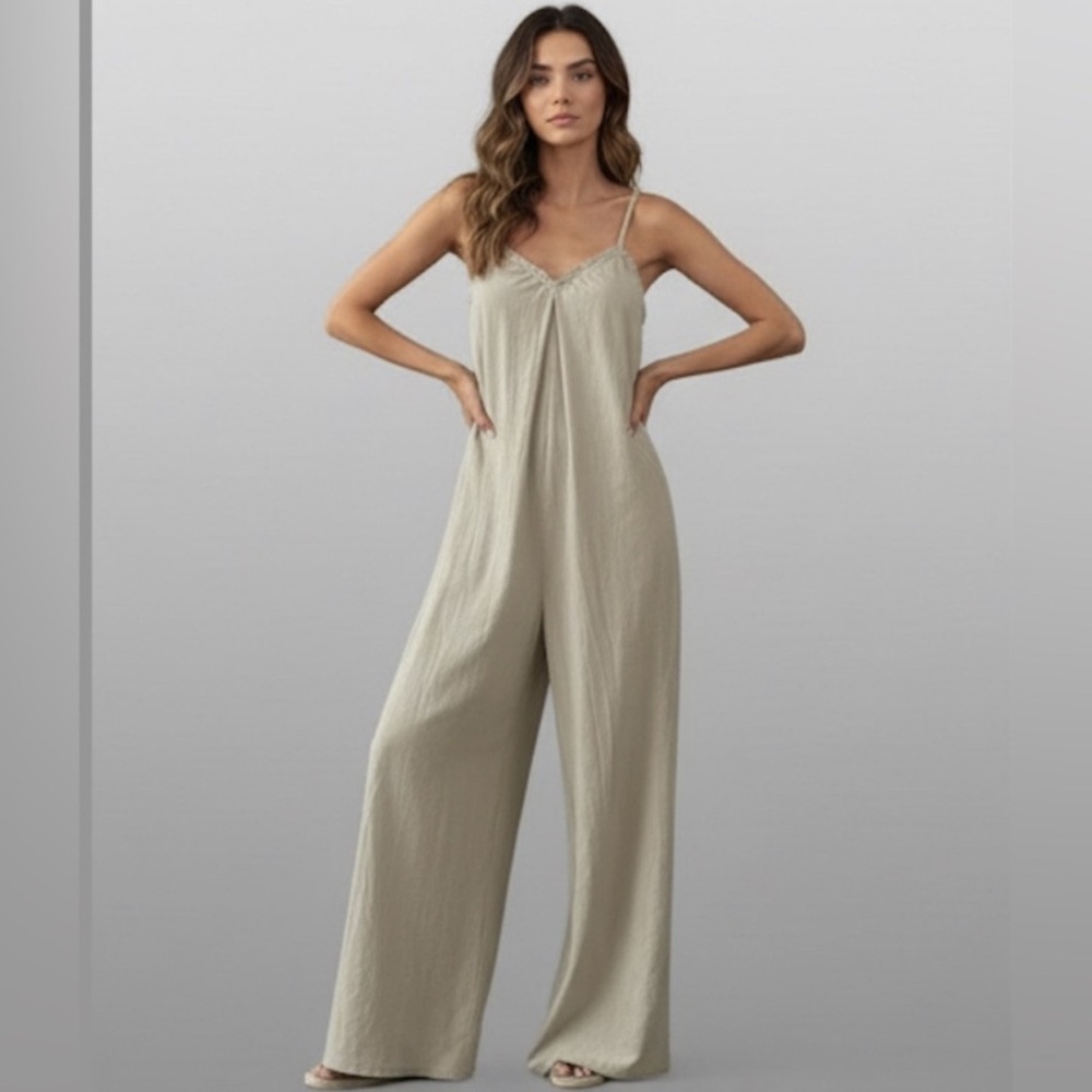 Boho Ruffle Trim Loose Fitting Wide Leg Jumpsuit - Picture 6 of 7